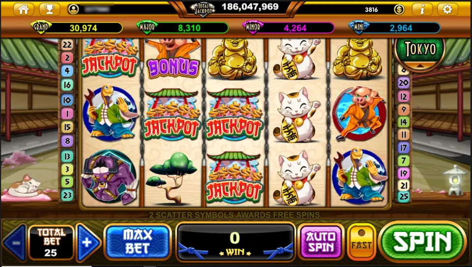 Four JACKPOT pagoda tiles on reels 1 to 3, a BONUS pig on reel 2, lucky cats and golden Buddhas, the message 2 SCATTER SYMBOLS AWARDS FREE SPINS and the jackpot bar above