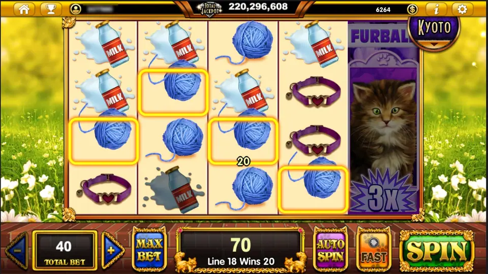 Blue yarn balls highlighted on reels 1 to 4 for a line win of 20, Line 18 Wins 20, a Furball kitten filling reel 5 with a 3x badge, total win 70