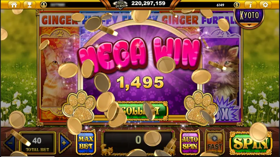 MEGA WIN banner showing 1,495 with gold coins and paw prints, the reels behind reading GINGER, FLUFFY, FLUFFY, GINGER, FURBALL