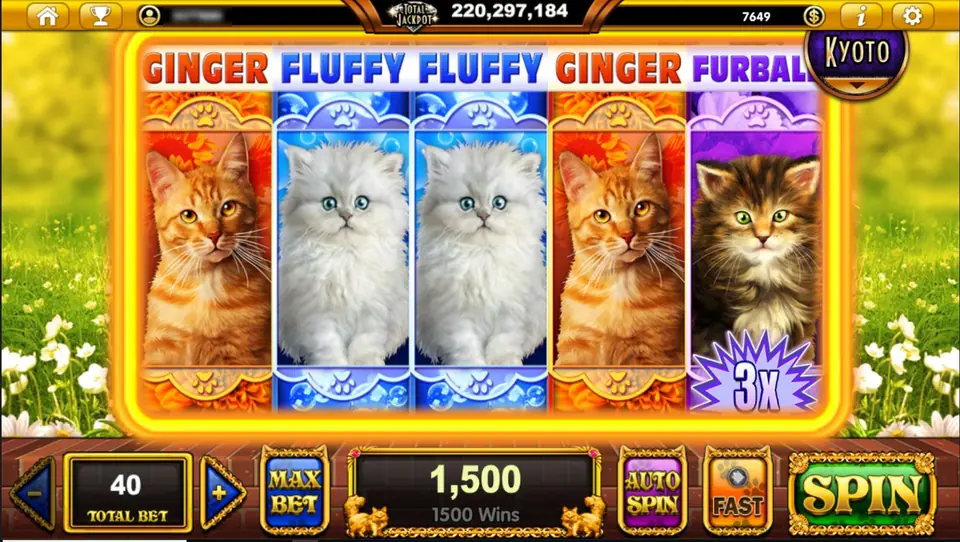 Pop Kittens on Live22: all five reels covered by full-height kitten panels labelled GINGER, FLUFFY, FLUFFY, GINGER and FURBALL, a 3x badge on the Furball reel, win box 1,500 at TOTAL BET 40