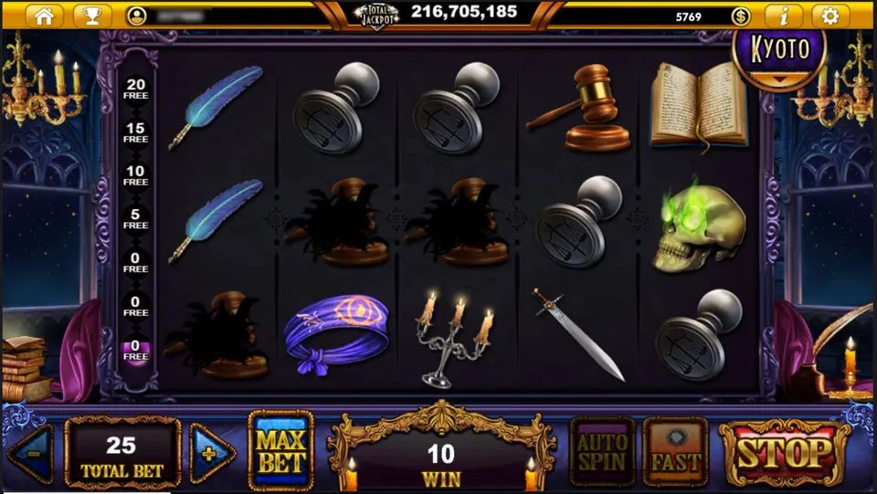 Queen Femida on Live22: quills, wax seal stamps, gavels, an open book, a purple blindfold, a candelabra, a sword and a skull with glowing green eyes on dark reels, with a free-spin ladder reading 20, 15, 10, 5 FREE on the left and a win of 10 at TOTAL BET 25