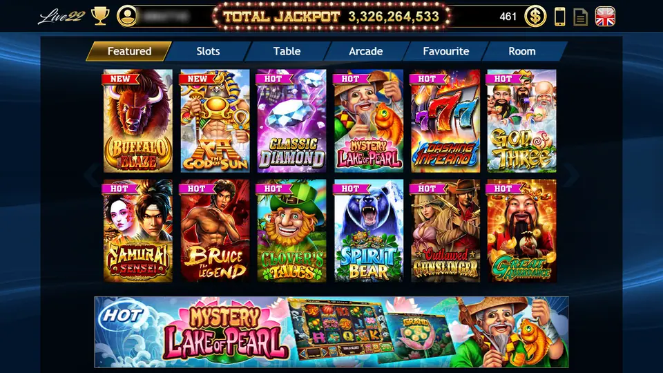 Live22 lobby after login: the Live22 logo, a trophy, the account number, a TOTAL JACKPOT counter and balance across the top, Featured, Slots, Table, Arcade, Favourite and Room tabs, and twelve game tiles marked NEW or HOT