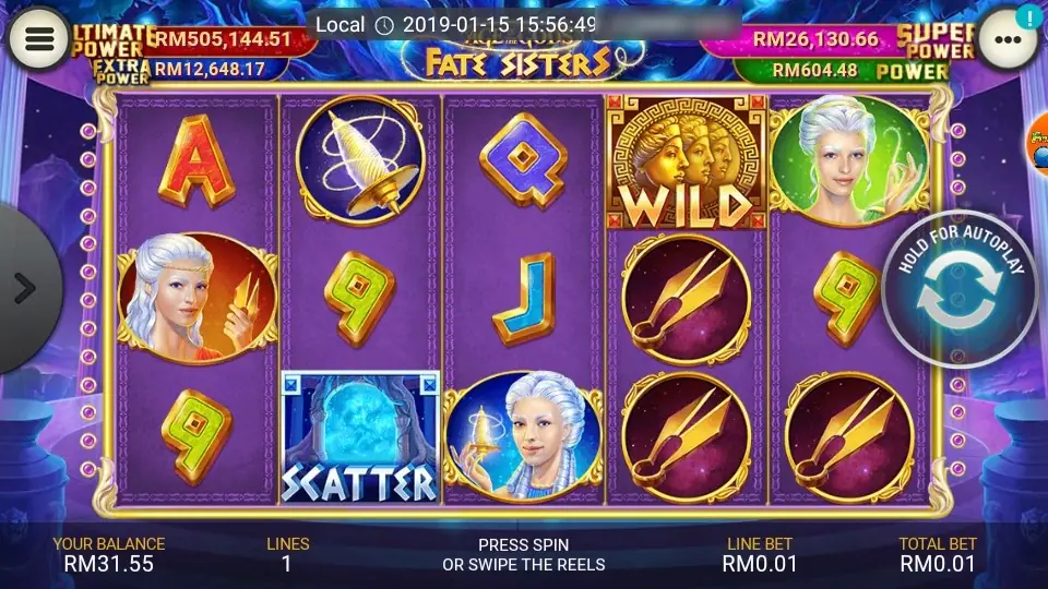 Fate Sisters reels on purple columns with a gold three-faced WILD, a blue stone SCATTER, golden shears and the three white-haired sisters, Lines 1 and Total Bet RM0.01