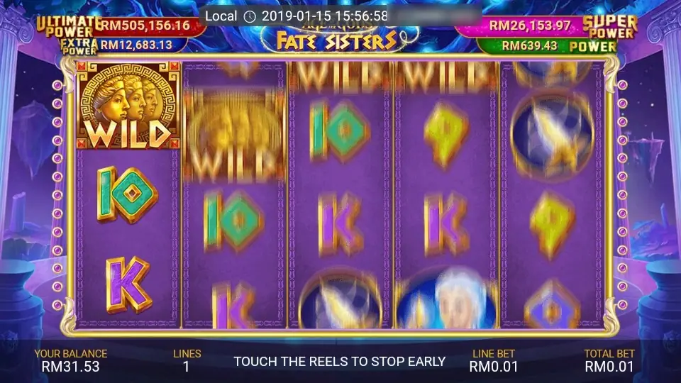 Fate Sisters mid-spin with a WILD settled on reel 1 and more WILD symbols blurring down reels 2, 3 and 4