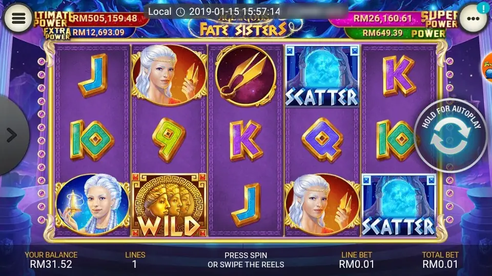 Fate Sisters reels with two blue stone SCATTER symbols on reels 4 and 5, a WILD on reel 2 and two sister portraits