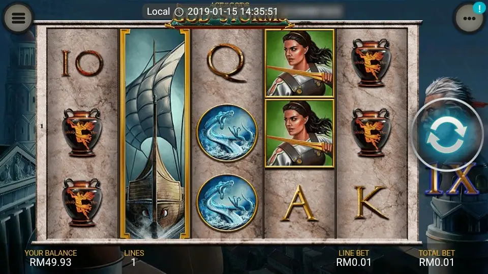 God of Storms reels on marble columns with a sailing ship covering all of reel 2, two green-framed swordswomen on reel 4, sea serpent medallions and red-figure vases, and a 1X marker on the right