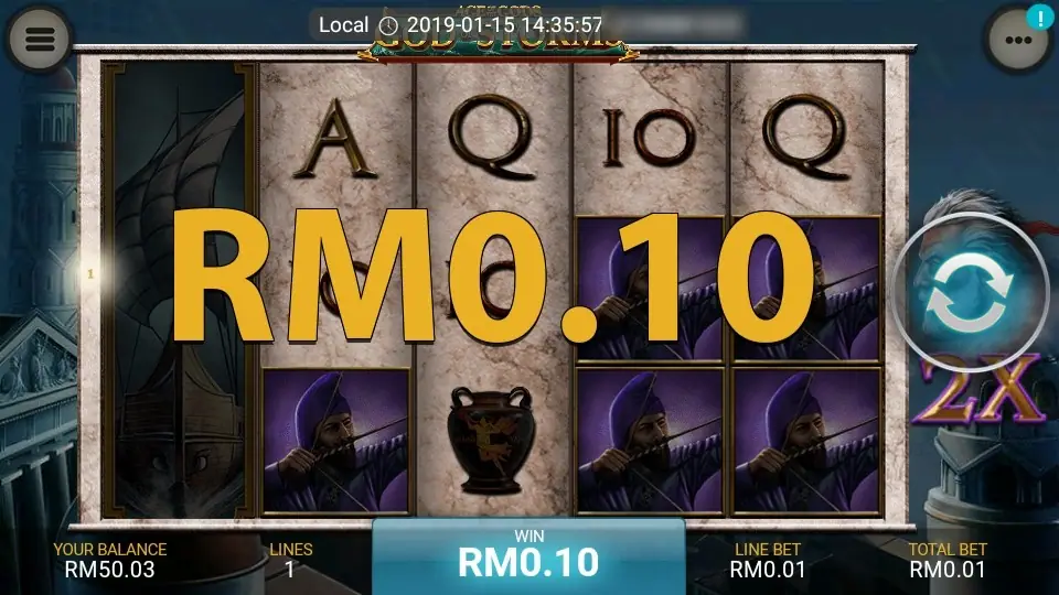 A RM0.10 win with purple-turbaned archers on reels 2, 4 and 5 and the ship now on reel 1 behind the win amount