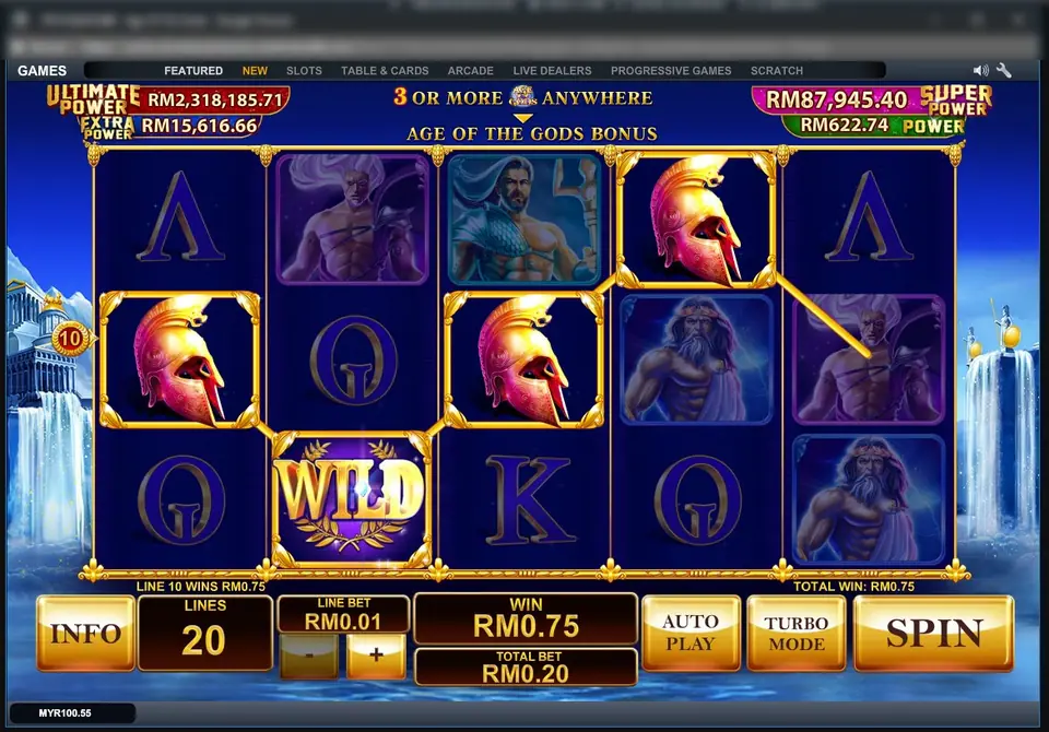 Age of the Gods line 10 win: three Spartan helmets and a wild on reel 2, with a banner reading 3 or more Age of the Gods logos anywhere trigger the Age of the Gods Bonus