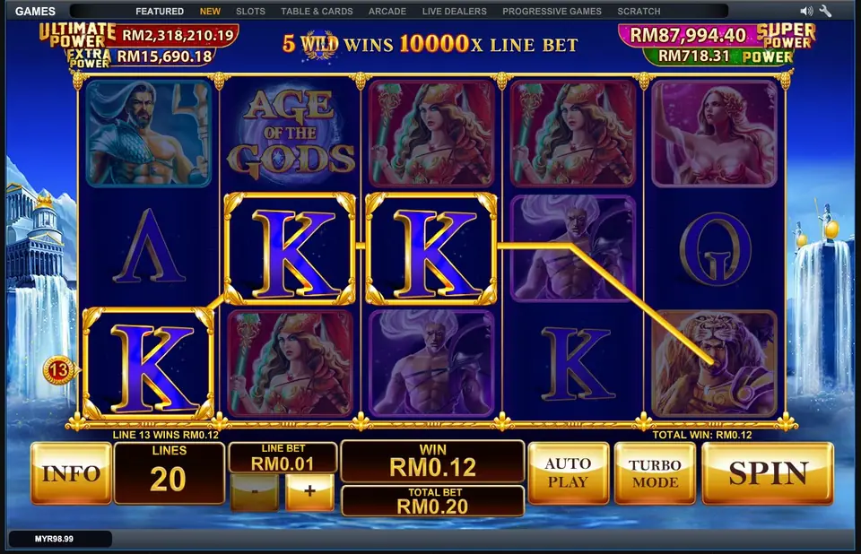 Age of the Gods with three purple K symbols paying on line 13 and a banner saying 5 wilds win 10000x line bet