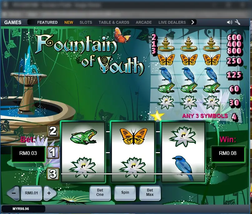 Fountain of Youth paying RM0.08 on a RM0.03 bet, with frogs, a butterfly, water lilies and a bluebird on the reels