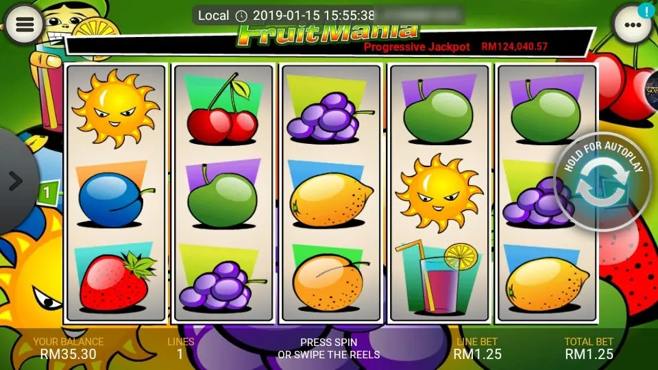 Fruit Mania reels with a grinning sun on reels 1 and 4, cherries, grapes, a plum, green apples, lemons, an orange and a cocktail glass, Progressive Jackpot RM124,040.57 above