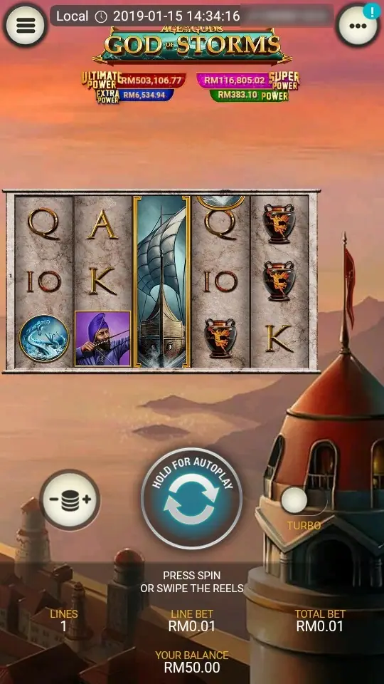 Portrait capture of God of Storms with the title and jackpot bar on top, the reels in the middle, a coin-stack bet button, a large autoplay button and a Turbo switch, and Your Balance RM50.00