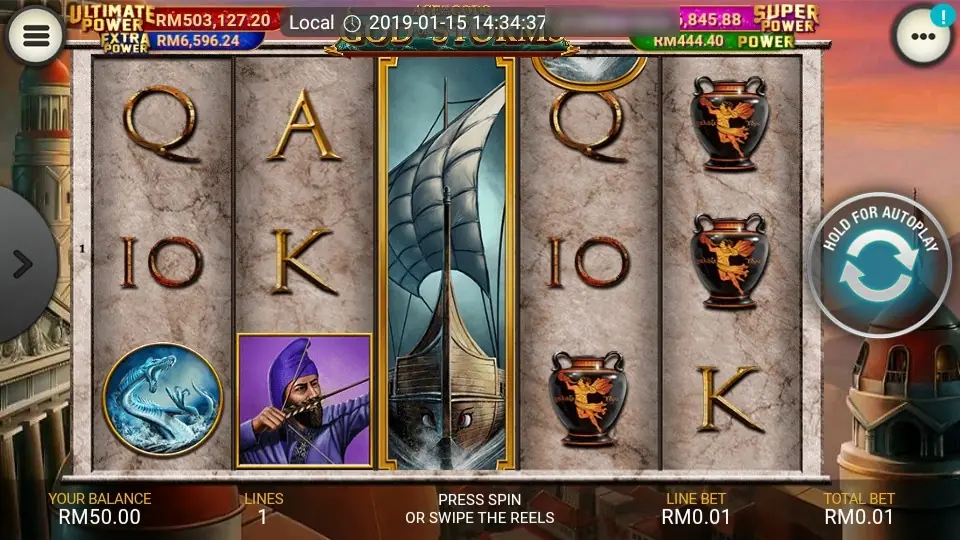 God of Storms held sideways, with the jackpot bar on top, Ultimate Power at RM503,127.20, a ship wild on reel 3, a purple-turbaned archer and a sea serpent medallion, Lines 1 at RM0.01