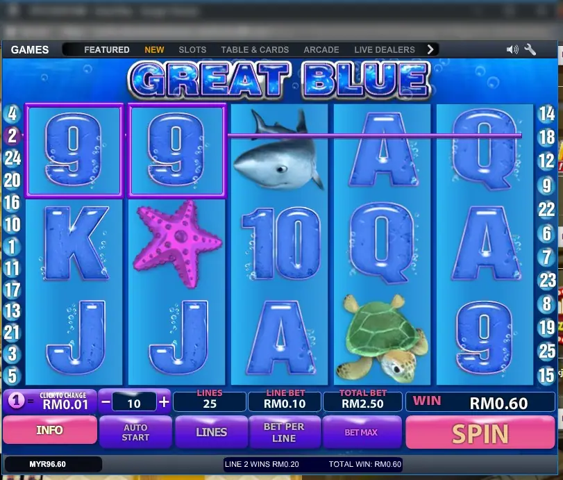 Great Blue reels with a shark, a pink starfish and a sea turtle among blue card letters, 25 line numbers down both sides and a panel showing Lines 25, Line Bet RM0.10, Total Bet RM2.50