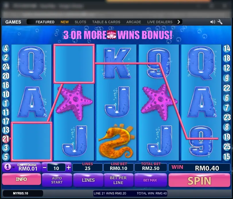 A starfish and seahorse screen with the banner 3 or more shells wins bonus across the top, and line 21 paying RM0.20
