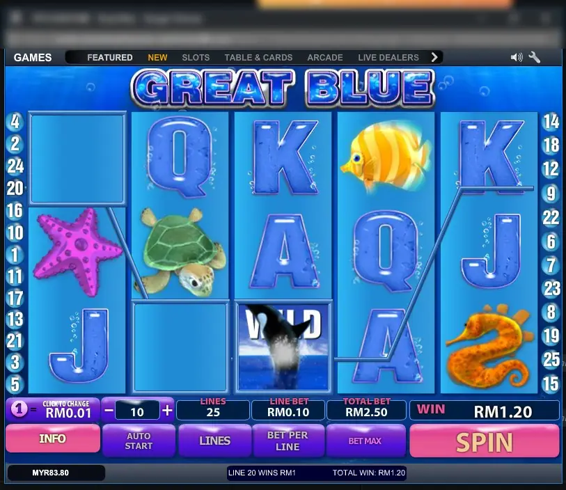 The orca WILD breaching from the water on reel 3, with line 20 paying RM1 and a total win of RM1.20