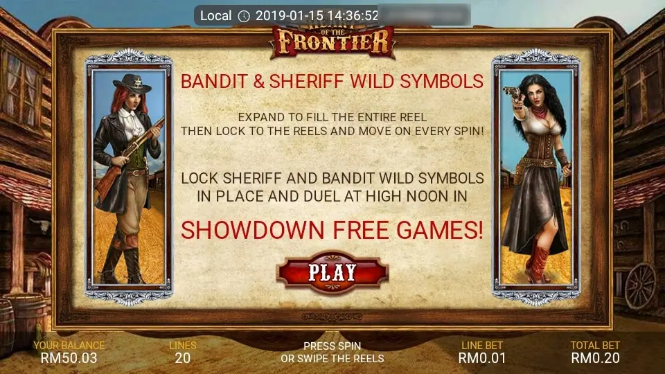 Intro screen: Bandit and Sheriff wild symbols expand to fill the entire reel, then lock to the reels and move on every spin, with Showdown Free Games below