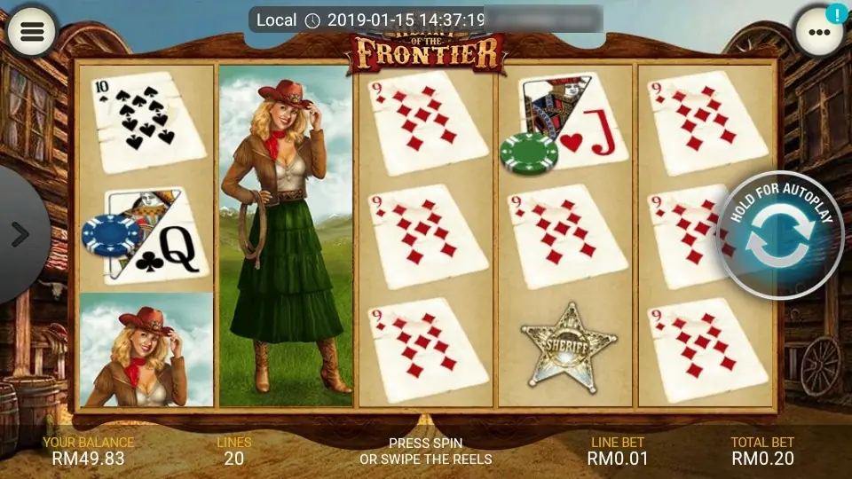 Heart of the Frontier reels with a blonde cowgirl in a green skirt filling reel 2, a sheriff star on reel 4 and playing cards with poker chips, Lines 20 and Total Bet RM0.20