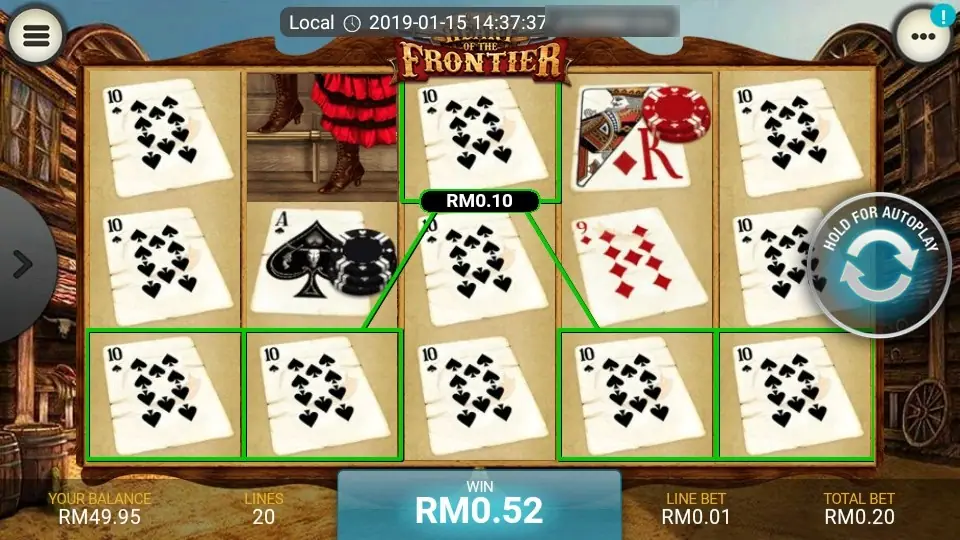 Five tens of spades across the bottom row, paying RM0.10 on one line, for a total win of RM0.52
