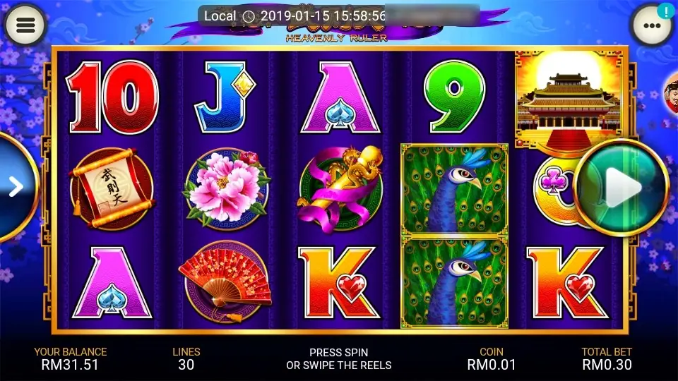 Heavenly Ruler reels with two peacocks on reel 4, a palace at sunset on reel 5, a scroll, a pink peony, a gold dragon sceptre and a red fan, Lines 30, Coin RM0.01, Total Bet RM0.30