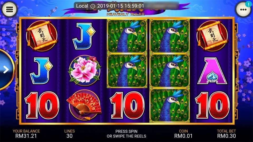 Five peacocks stacked across reels 3 and 4, with scrolls on reels 1 and 5 and red 10s along the bottom