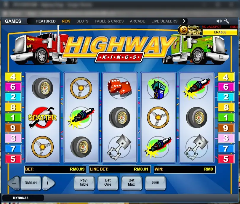 Highway Kings with red and green trucks by the logo, reels of tyres, steering wheels, spark plugs, dice, a fuel pump and an exhaust SCATTER, Bet RM0.09 and Line Bet RM0.01