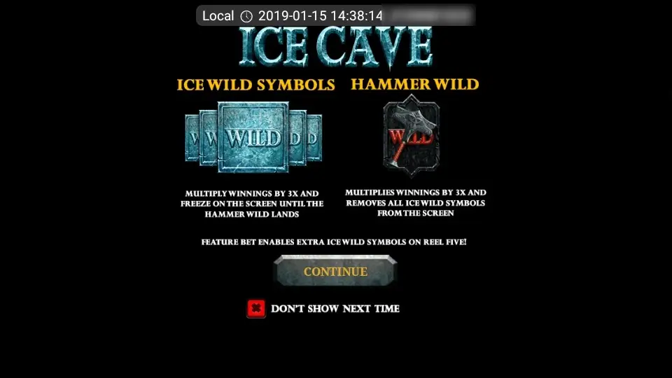 Ice Cave intro screen describing the Ice Wild and Hammer Wild symbols and saying the Feature Bet enables extra Ice Wilds on reel five