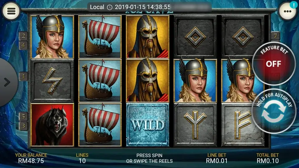 Ice Cave reels with a winged-helmet Valkyrie, a Viking longship stacked on reel 2, a bearded warrior, a black wolf, rune stones and an icy WILD on reel 3, Feature Bet OFF on the right
