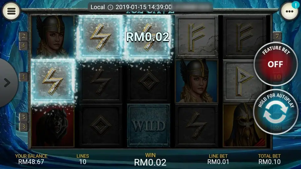 A RM0.02 win on frost-covered rune symbols, with the frozen WILD still in place on reel 3