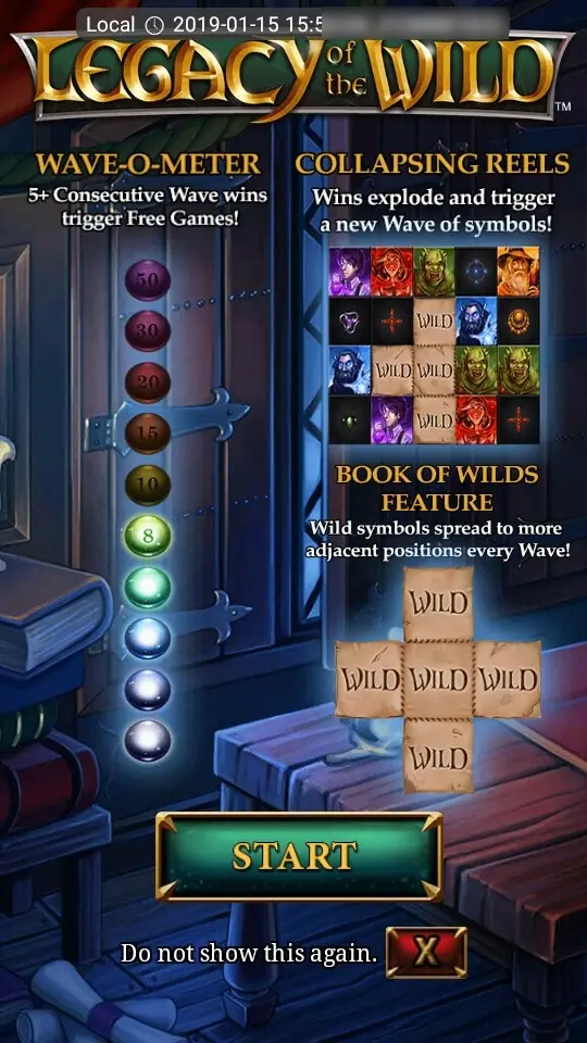 The Legacy of the Wild intro screen: the Wave-O-Meter with orbs numbered 8 to 50, the Collapsing Reels panel ('Wins explode and trigger a new Wave of symbols'), and the Book of Wilds panel with a cross of five WILD tiles
