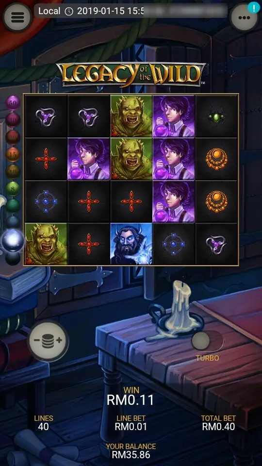 After two wave wins: an orc stacked on reel 3, purple-haired boys on reels 2 and 4, rune tiles, the bottom orb on the meter lit white, and WIN RM0.11 with balance RM35.86