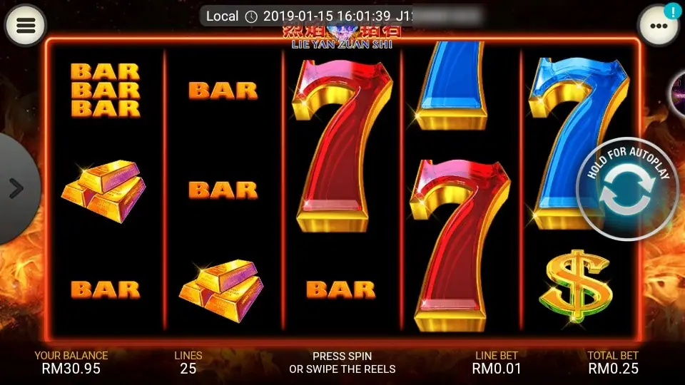 Lie Yan Zuan Shi reels on a black board with a flaming orange frame: BAR BAR BAR, gold bars and single BARs on the left, big red and blue 7s on the right, a gold dollar sign, Lines 25 and Total Bet RM0.25