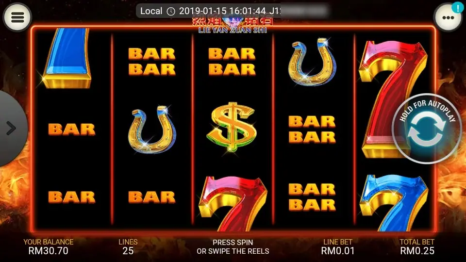 A dead spin with double BARs, horseshoes, a dollar sign and red and blue 7s, balance RM30.70