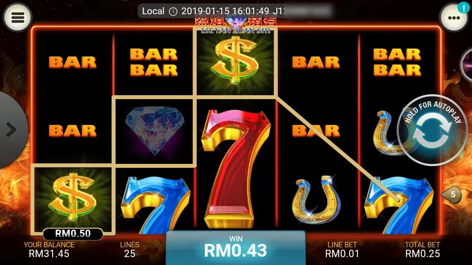 Lie Yan Zuan Shi reels with a gold border tracing a winning line from a dollar sign on reel 1 through a diamond on reel 2 to a dollar sign on reel 3, an RM0.50 tag on reel 1 and the win counter at RM0.43