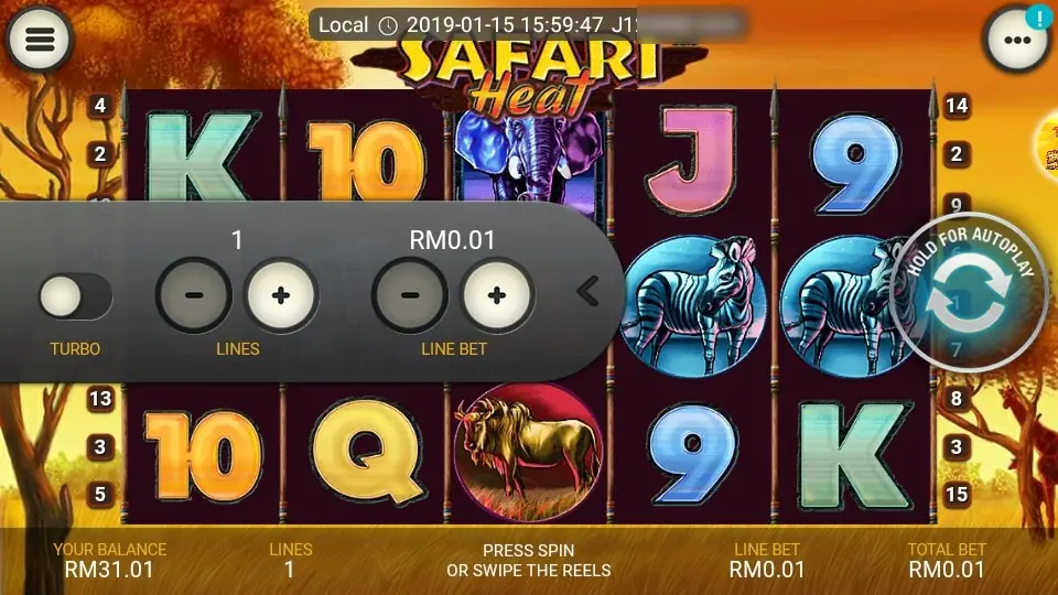 Safari Heat with the grey settings panel slid out over the reels, showing a Turbo switch, Lines 1 with minus and plus, and Line Bet RM0.01 with minus and plus