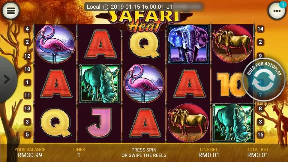 Safari Heat reels against an orange savannah sunset: flamingos, a blue elephant, green rhinos, two wildebeest and red A's, with line numbers 1 to 15 down both sides and Total Bet RM0.01