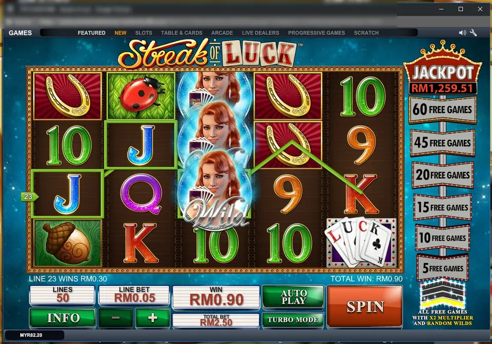 Streak of Luck in the desktop client: the red-haired Wild stacked three high on reel 3, a ladybird on a leaf, gold horseshoes, an acorn and the LUCK cards, with the free-game ladder and a RM1,259.51 jackpot on the right