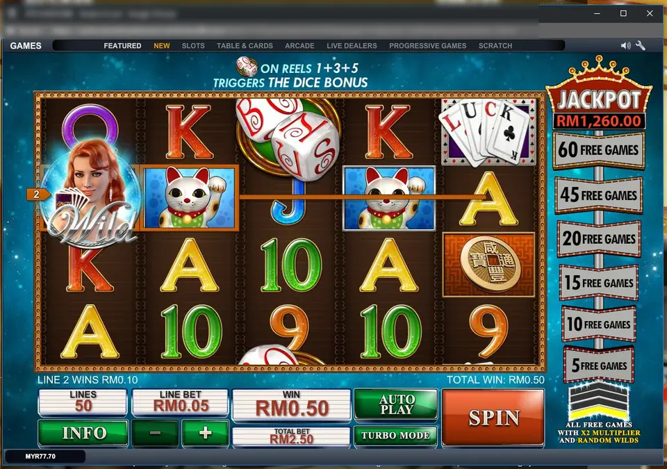 Line 2 highlighted through the Wild on reel 1 and lucky cats on reels 2 and 4, with a pair of dice on reel 3 and the banner 'On reels 1+3+5 triggers the Dice Bonus'