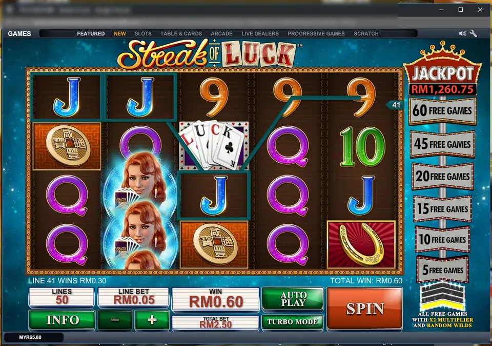 Stacked Wild on reel 2, three blue J's traced along line 41 across reels 1 to 3, Chinese coins, purple Q's and a horseshoe, with Line 41 wins RM0.30 and total win RM0.60