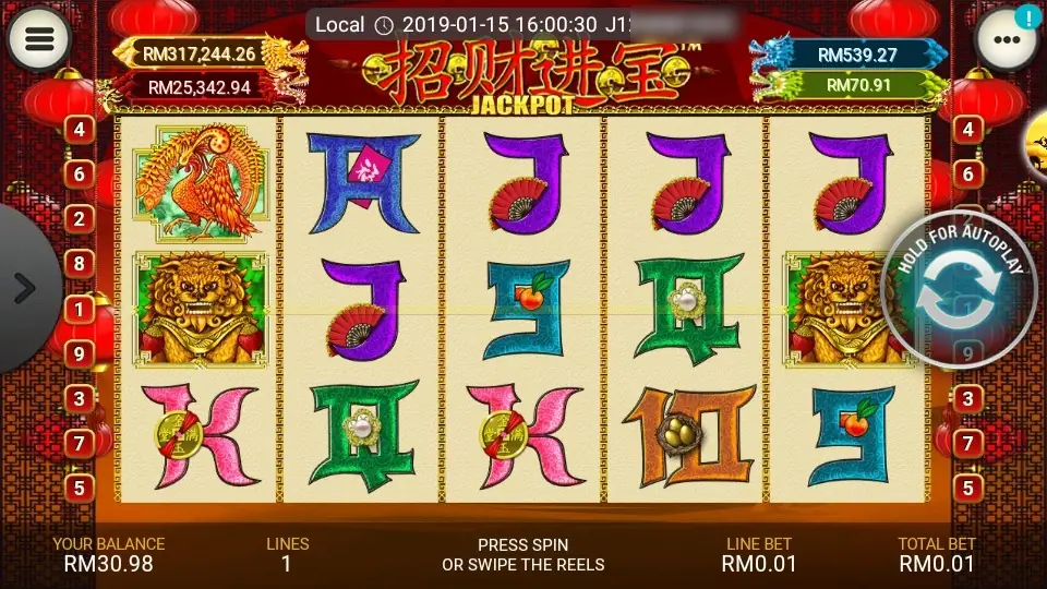 A phoenix on reel 1, guardian lions on reels 1 and 5, and card letters decorated with a red envelope, fans, a peach, a pearl, coins and a bird's nest, with line markers 4, 6, 2, 8, 1, 9, 3, 7, 5 down each side