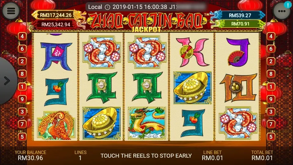 Zhao Cai Jin Bao Jackpot reels on cream tiles: twin red koi on reels 2, 3 and 5, gold ingots on reels 2 and 4, a green and gold dragon, a phoenix, and four jackpot boxes above reading RM317,244.26, RM25,342.94, RM539.27 and RM70.91