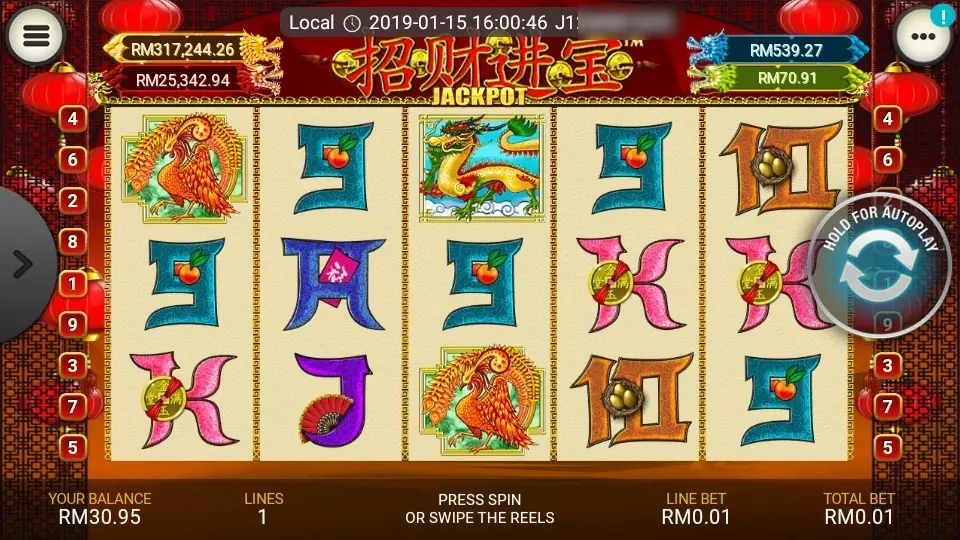 A second spin with a dragon on reel 3, a phoenix on reels 1 and 3, peach 9s and coin K's, balance RM30.95
