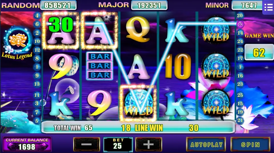 Lotus Legend reels on a purple lake: a 30 win on line 18 through two A symbols and a lotus WILD, with a full column of WILD discs on reel 5, TOTAL WIN 65 and BET 25