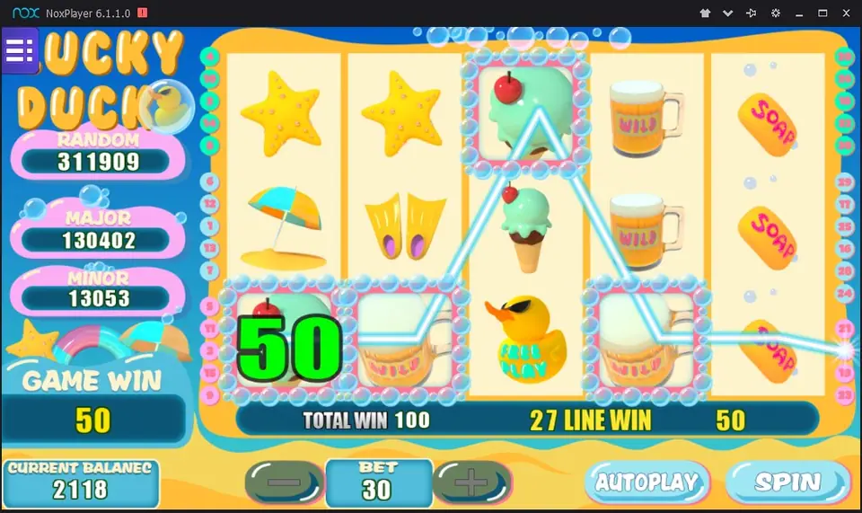 Three symbols joined on line 27 for a 50 win, with ice cream and beer mugs around them and the balance at 2118