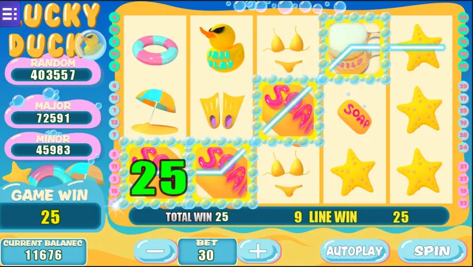 Lucky Duck reels with a rubber ring, a duck in sunglasses marked FREE PLAY, bikini tops, flippers, soap bars and starfish, three SOAP bars and a WILD beer mug framed in bubbles for a 25 win on line 9