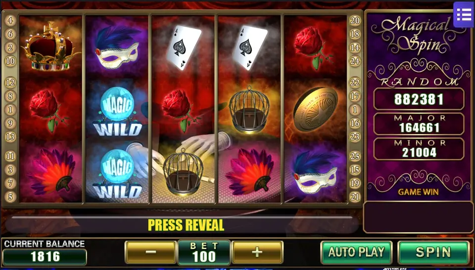 Magical Spin reels on a red stage curtain: a jewelled crown, roses, a feathered masquerade mask, two MAGIC WILD crystal balls on reel 2, ace of spades cards, bird cages and a gold coin, BET 100