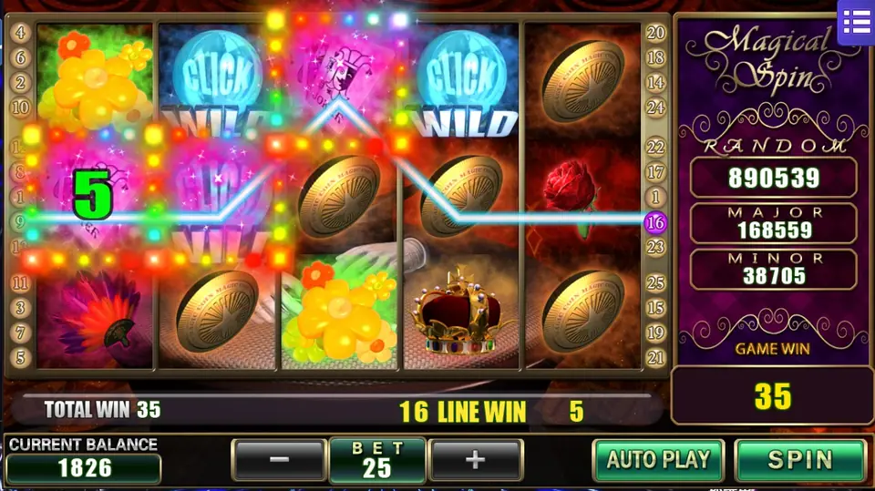 A 5 win on line 16 with two crystal balls now reading CLICK WILD, gold coins and flowers, TOTAL WIN 35 and a balance of 1826