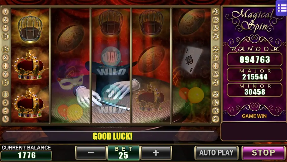 Mid-spin at BET 25: the magician's gloved hands and wand behind the reels, crowns on reel 1 and GOOD LUCK on the message bar