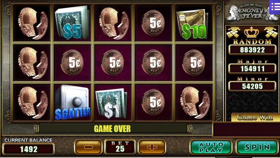 A GAME OVER spin: 5c coins across reels 2 to 5 of the middle row, a split penny on reel 1 and the SCATTER safe on reel 2, balance 1492