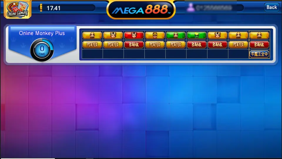 Monkey Story room history panel labelled Online Monkey Plus, a row of past results with character faces over PLAYER and BANK tags, and a balance of 17.41 in the lobby bar